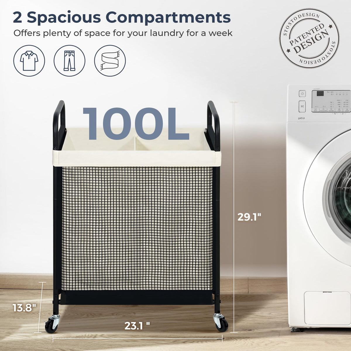 Laundry Hamper 2 Section, 100L Rolling Laundry Sorter Cart with Removable and Washable Liner Bag, Clothes Hamper with Wheels and Metal Handle for