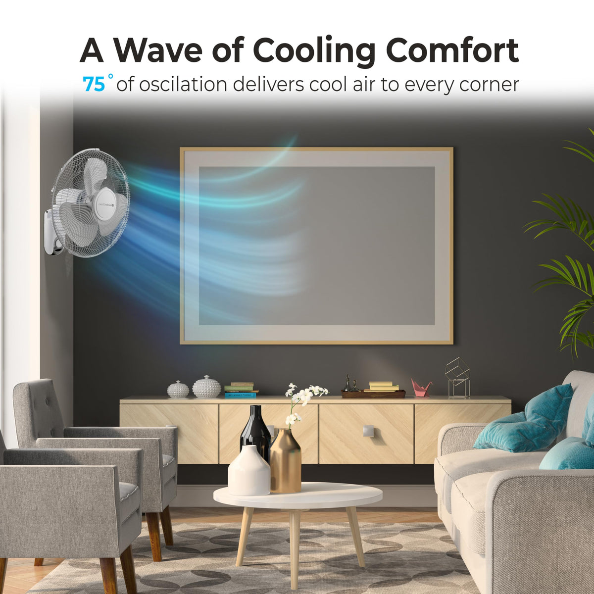 COMFORT ZONE 16" Oscillating Wall Mount Fan with Remote & Timer - White
