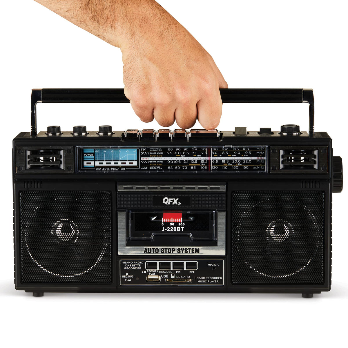 QFX Retro Bluetooth Boombox Cassette Tape Player Recorder, J-220BT, Black