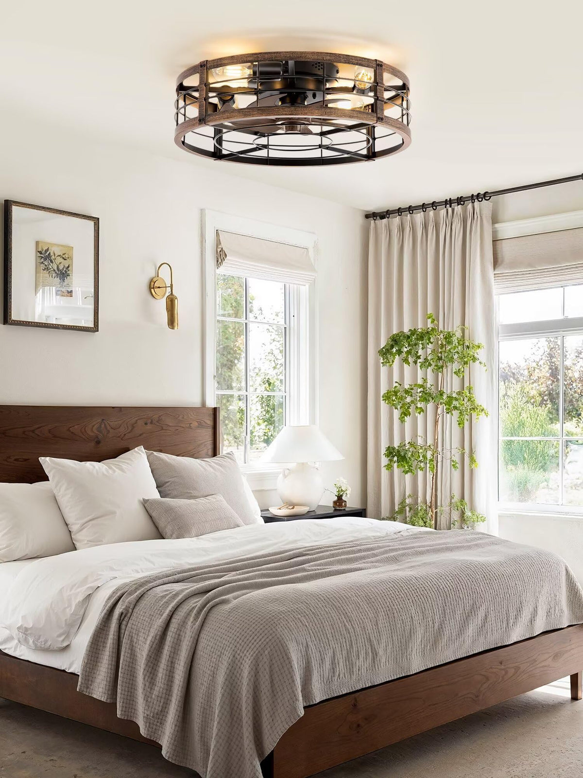 LEDIARY 20" Caged Low Profile Ceiling Fan with Light and Remote Black Gold
