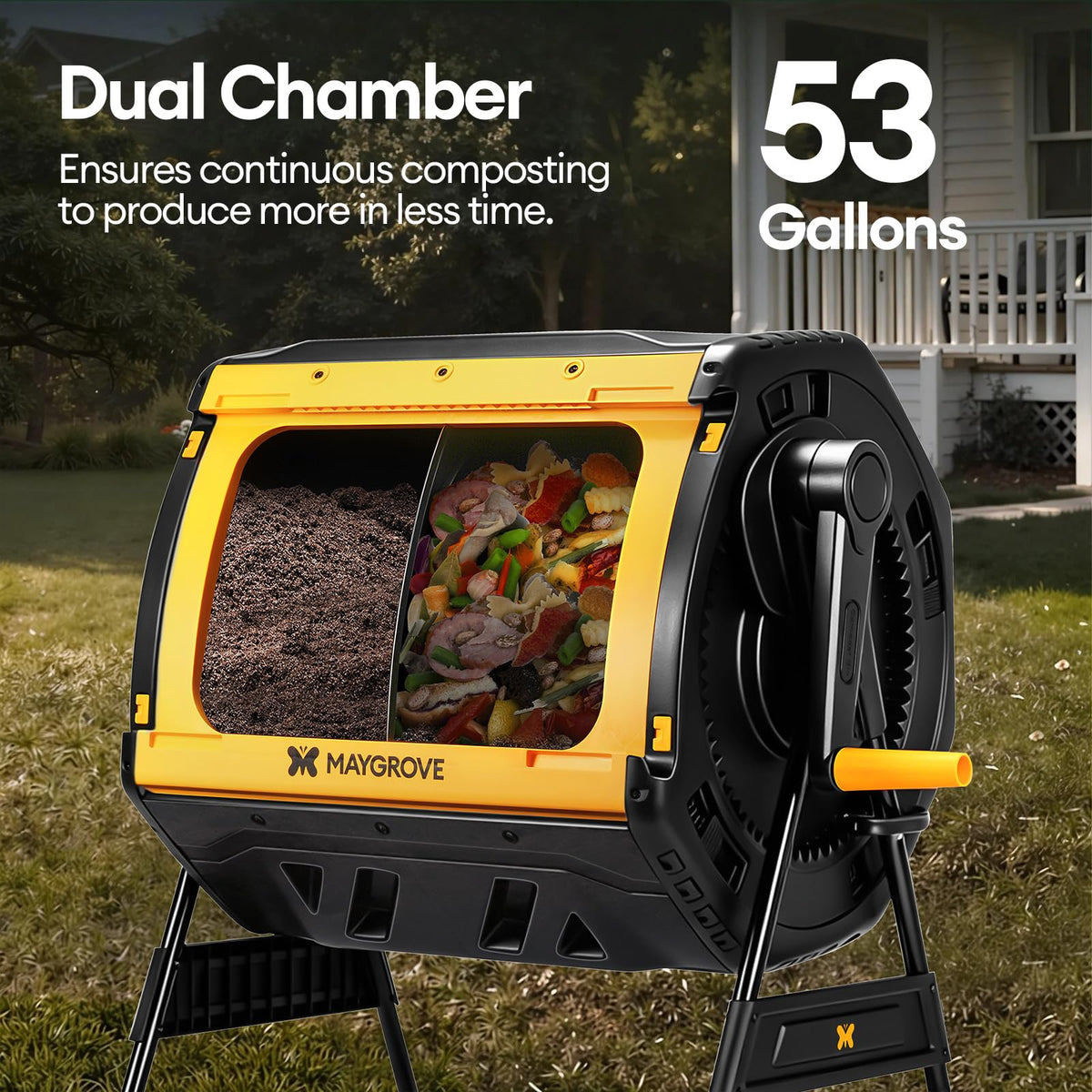 Outdoor Compost Bin 53 Gallon, Dual Chamber Large Compost Tumbler for Garden Backyard, with 360° Rotating, Sliding Doors & Solid Steel Frame, Updated