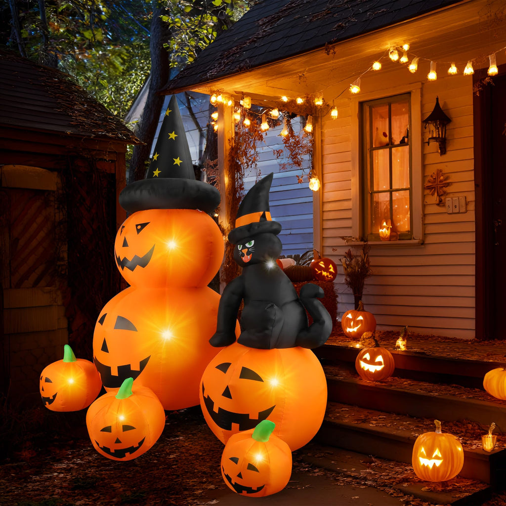 6Ft Halloween Inflatable Decorations Pumpkins Patch Lanterns with Black Cat with Build-in LEDs Blow Up Inflatables for Outdoor Decoration Balcony