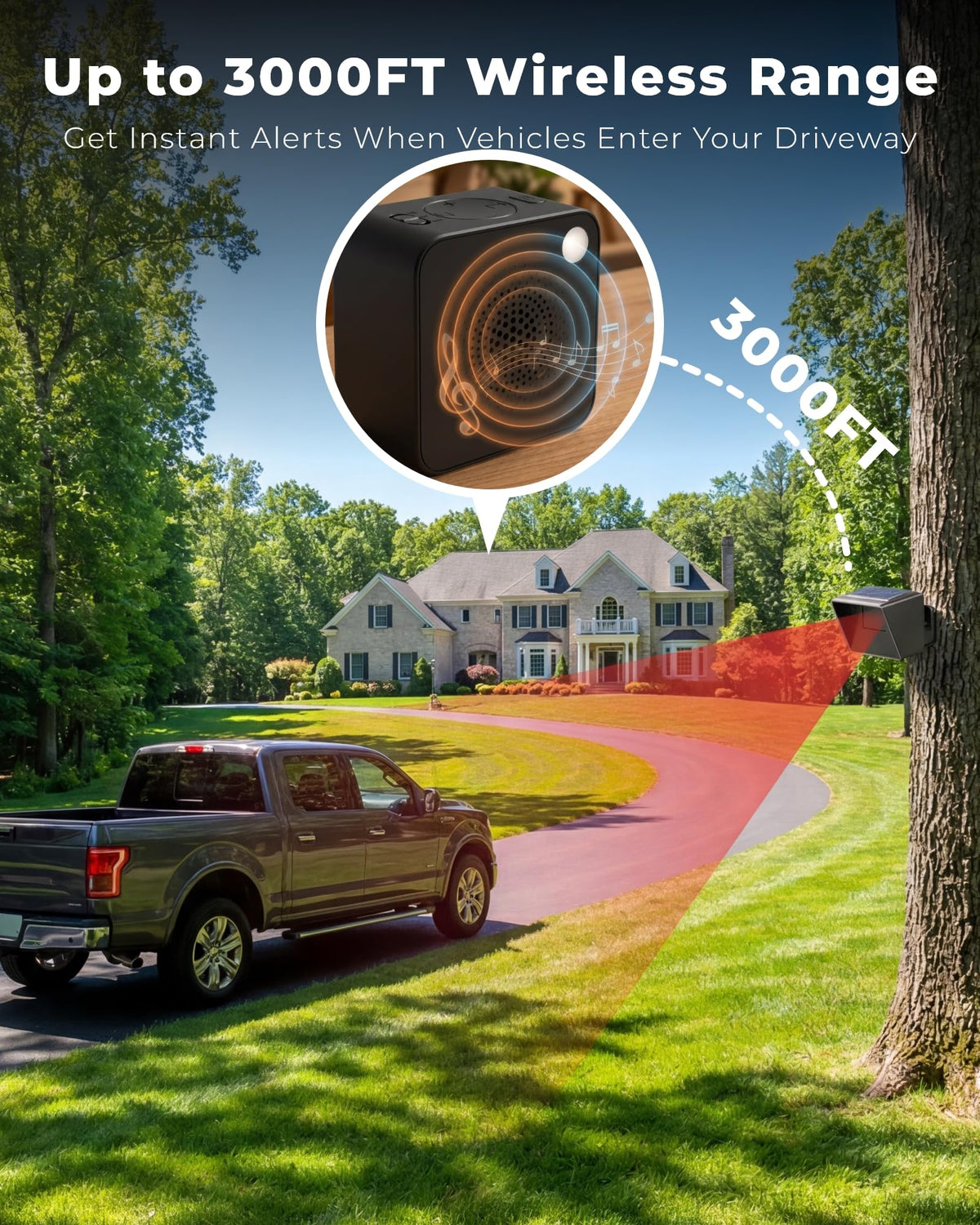 Driveway Alarm with Portable Rechargeable Receiver and Solar Sensor