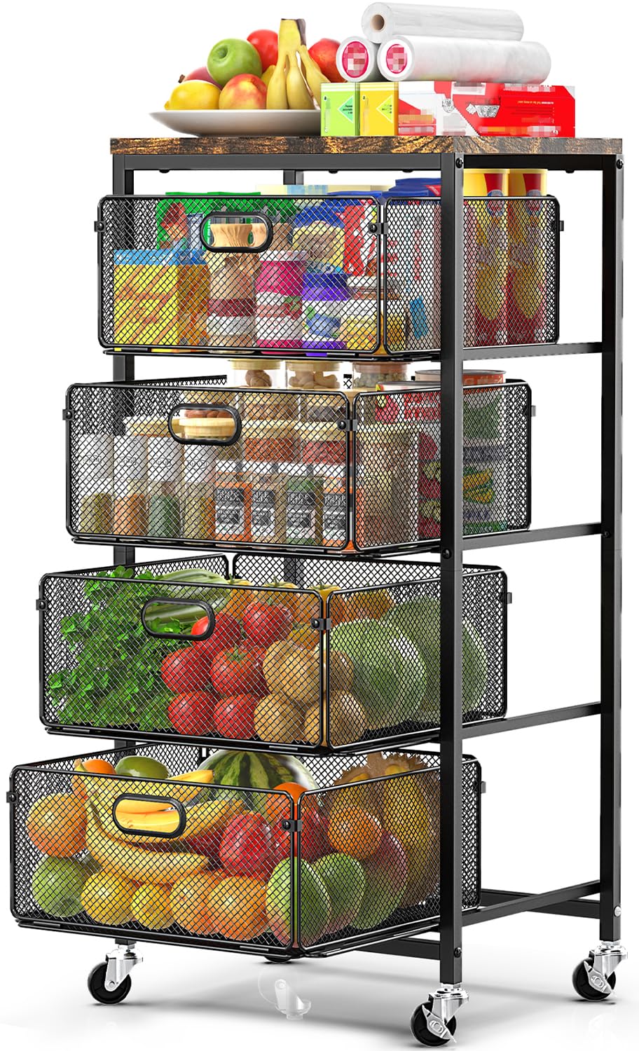 Kitchen Storage Cart with Drawers,Metal Snack Cart Organizer,Black