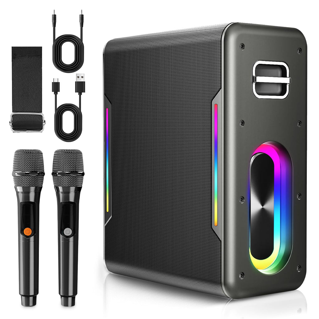 Portable Karaoke Machine, with 2 Wireless Microphones & LED Party Lights