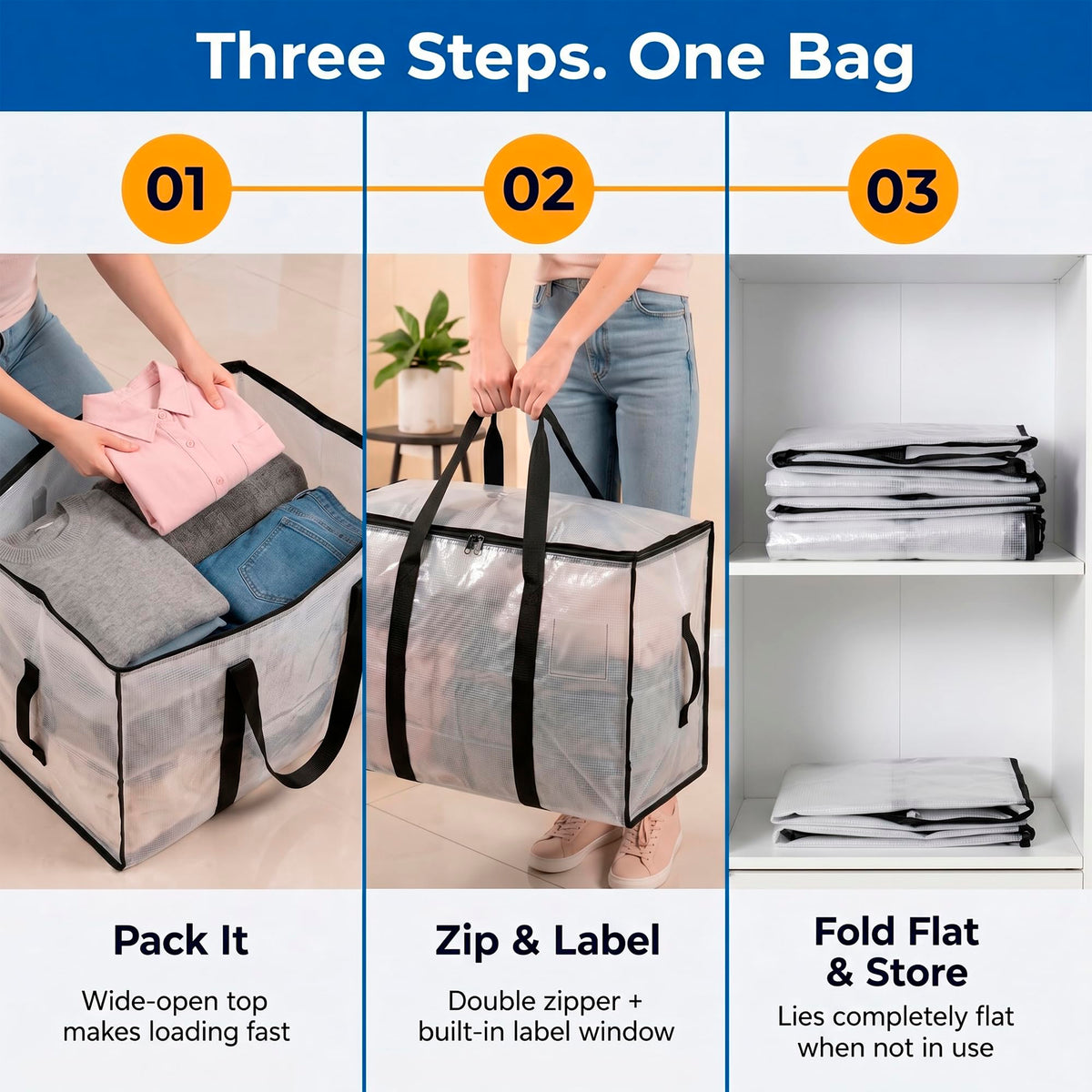 ClearSpace Heavy Duty Moving Bags - Water Resistant Storage Bags with Backpack Straps, Zippers and Handles - Large Moving Boxes for College Dorm