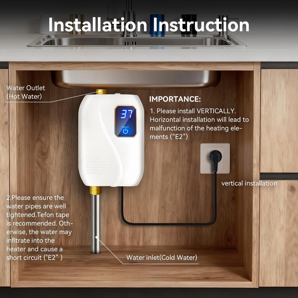110V Tankless Water Heater Electric, 3000W Tankless Electric Water Heater Instant, Under Sink Water Heater with Digital Display, On Demand Hot Water