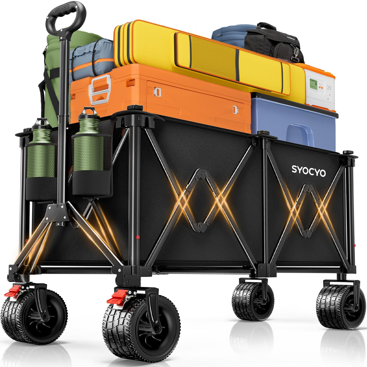 Beach Wagon Carts Foldable 580LBS Collapsible Wagon with Big All-Terrain Wheels for Sand 340L Heavy Duty Utility Carts with Cup Holders for Garden