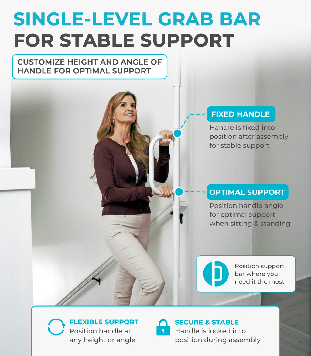 Stander Single Handle Non-Rotating Floor to Ceiling Grab Bar, No-Drill Tension Mounted Transfer Pole for Seniors, Bath Safety & Bedside Assist Rail