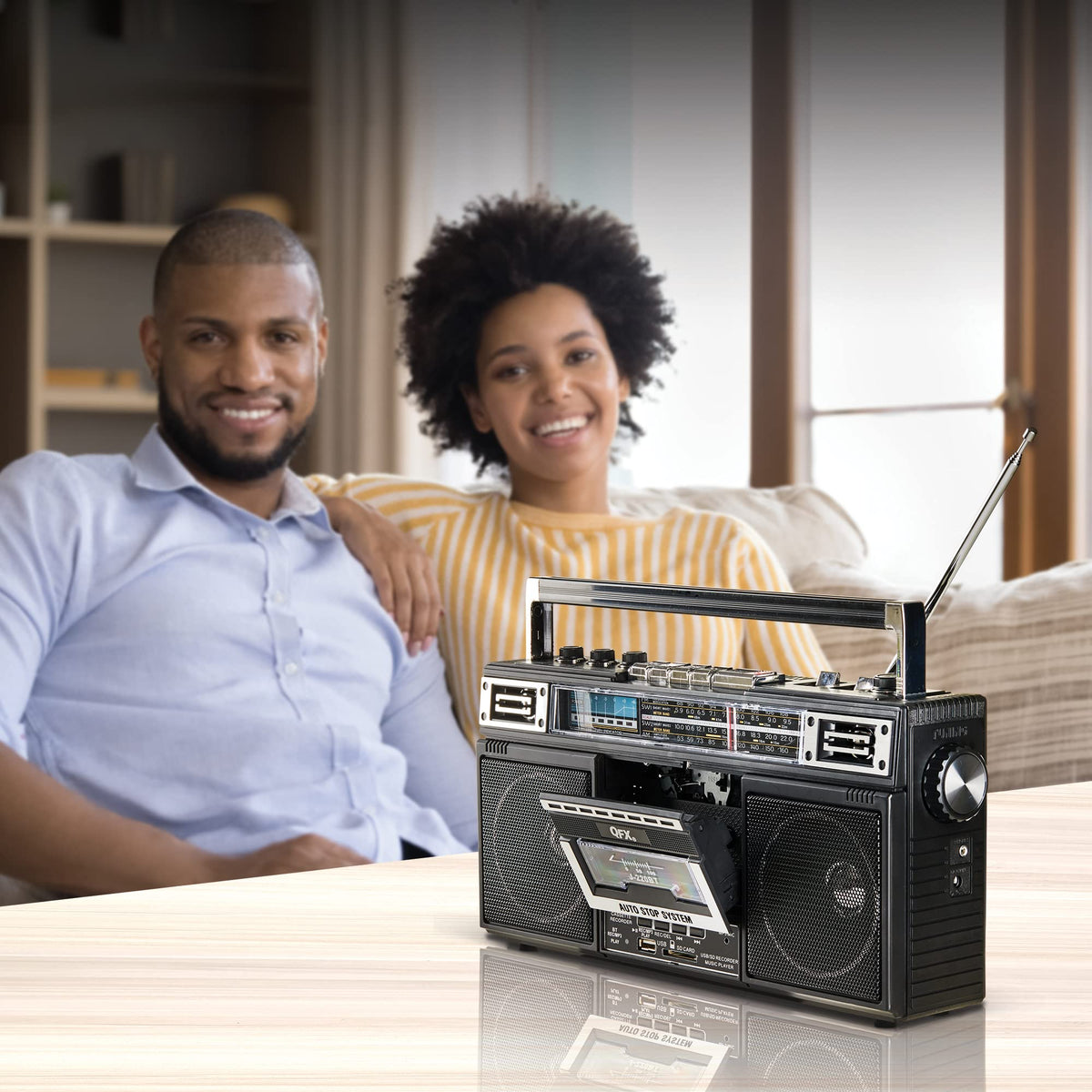 QFX Retro Bluetooth Boombox Cassette Tape Player Recorder, J-220BT, Black