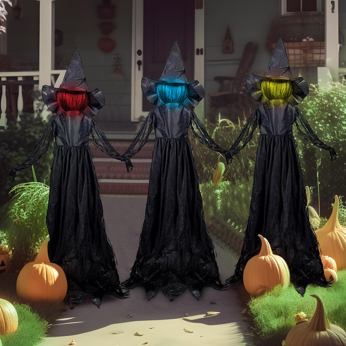 JOYIN Halloween Witch Decorations Outdoor Yard Stakes 3 Pack, 4.2 FT Multicolored Light Up Scary Flying Witch with Sound Activation, for Halloween