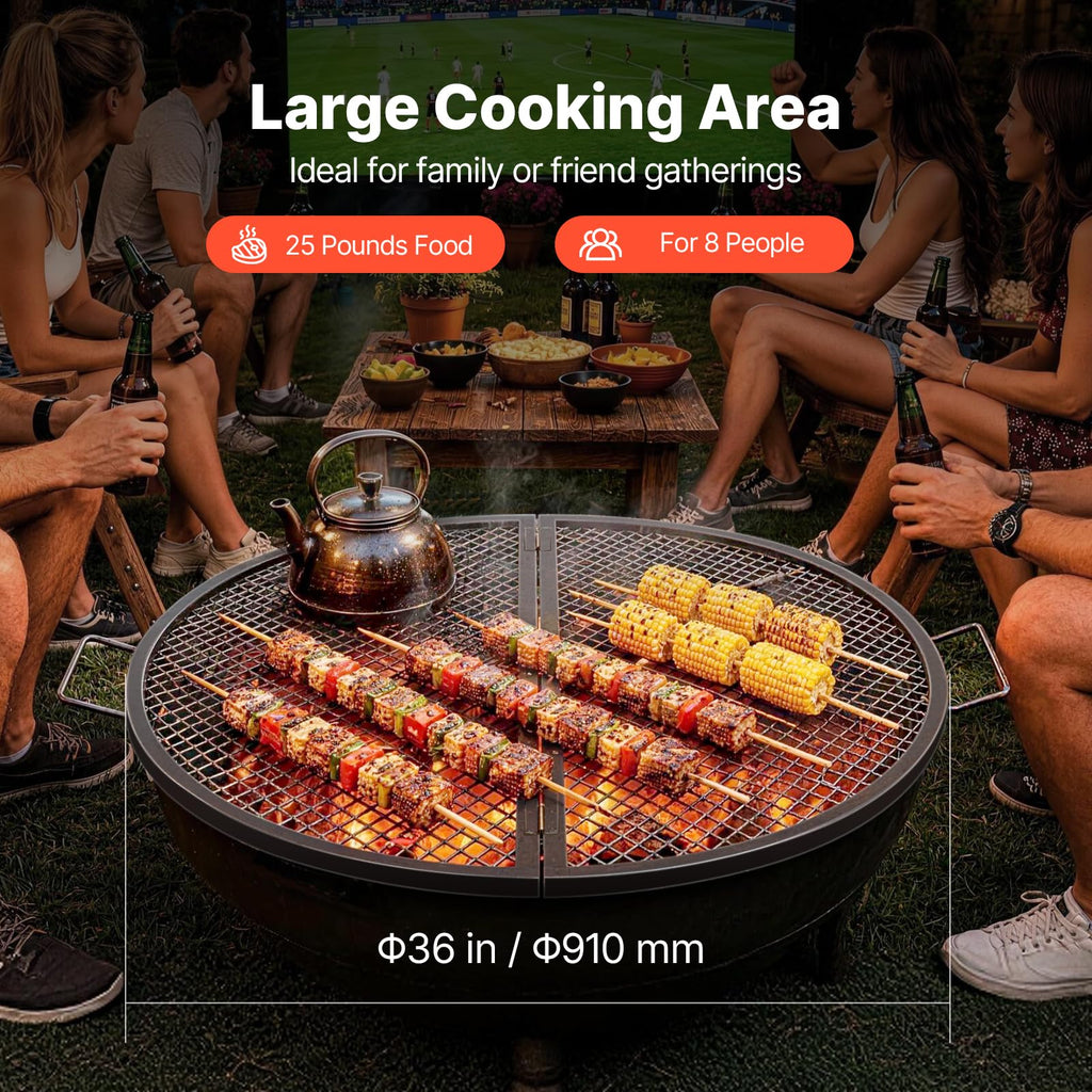 VEVOR X-Marks Fire Pit Grill Grate, Foldable Round Cooking Grate, Heavy Duty Steel Campfire BBQ Grill Grid with Handle and Support X Wire, Portable