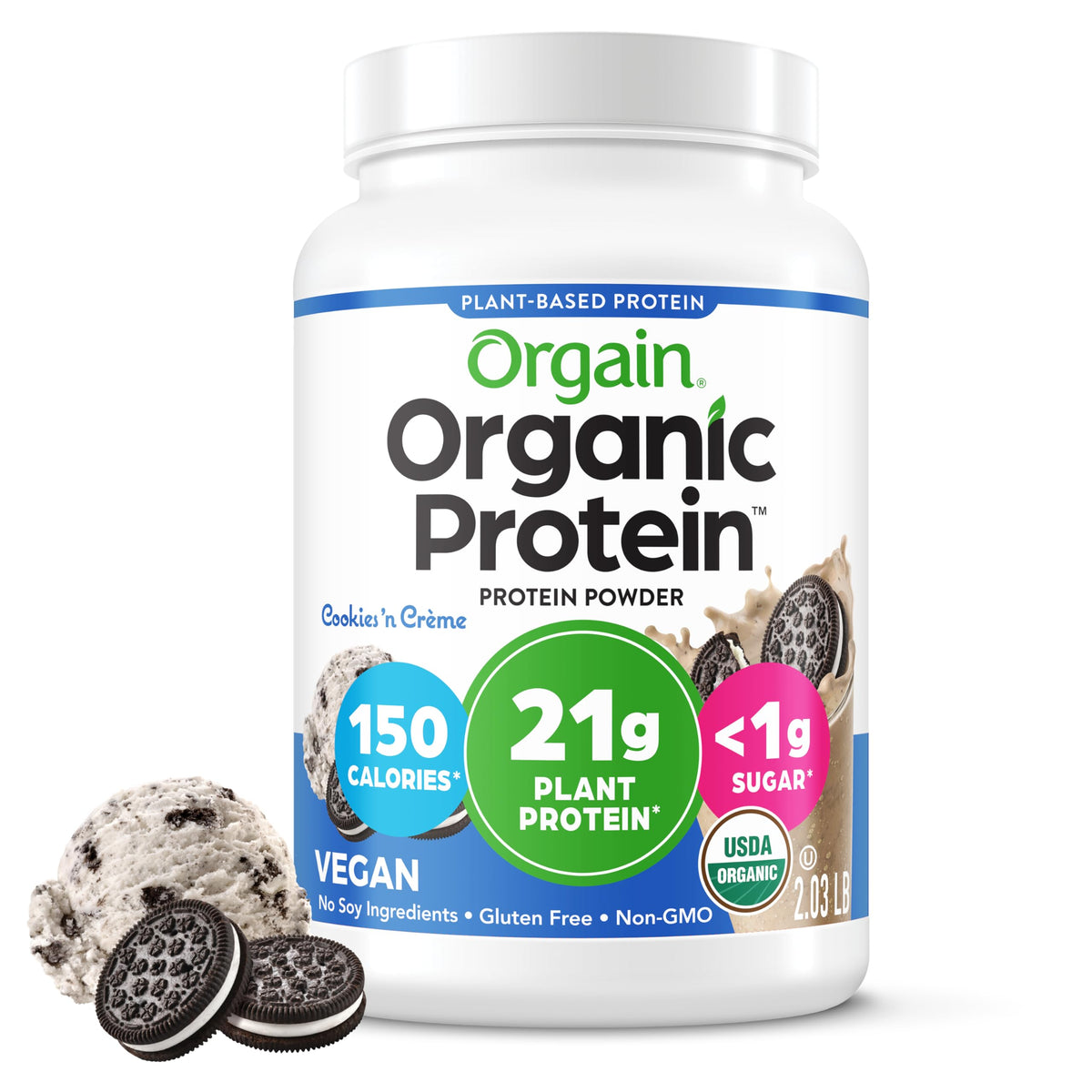 Orgain Organic Vegan 21g Protein Powder, Cookies & Cream, 2.03 lb