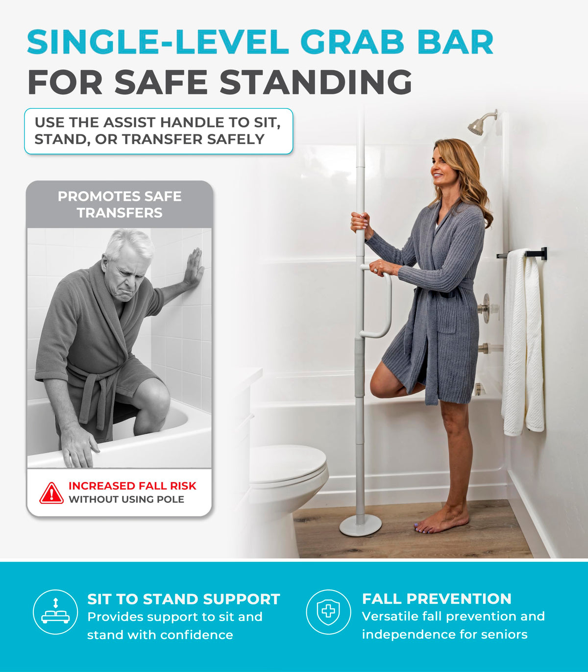 Stander Single Handle Non-Rotating Floor to Ceiling Grab Bar, No-Drill Tension Mounted Transfer Pole for Seniors, Bath Safety & Bedside Assist Rail