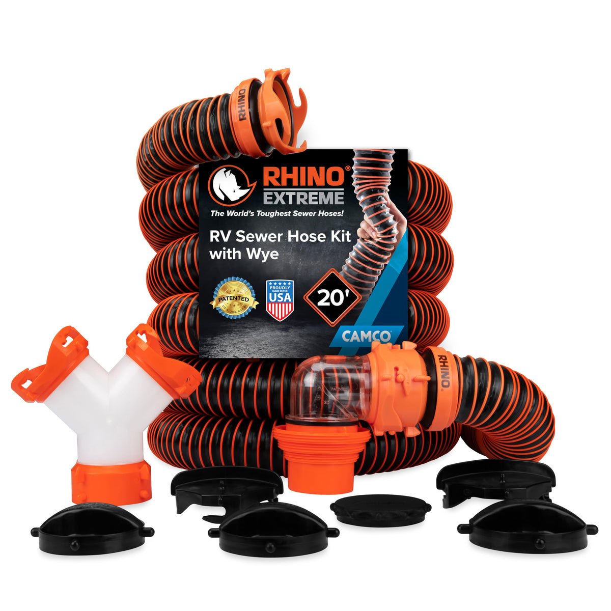 Camco RhinoEXTREME 20’ Camper/RV Sewer Hose - RV Accessories Include 360° Clear Swivel Wye Fitting & Removable 4-in-1 Adapter for Storage and