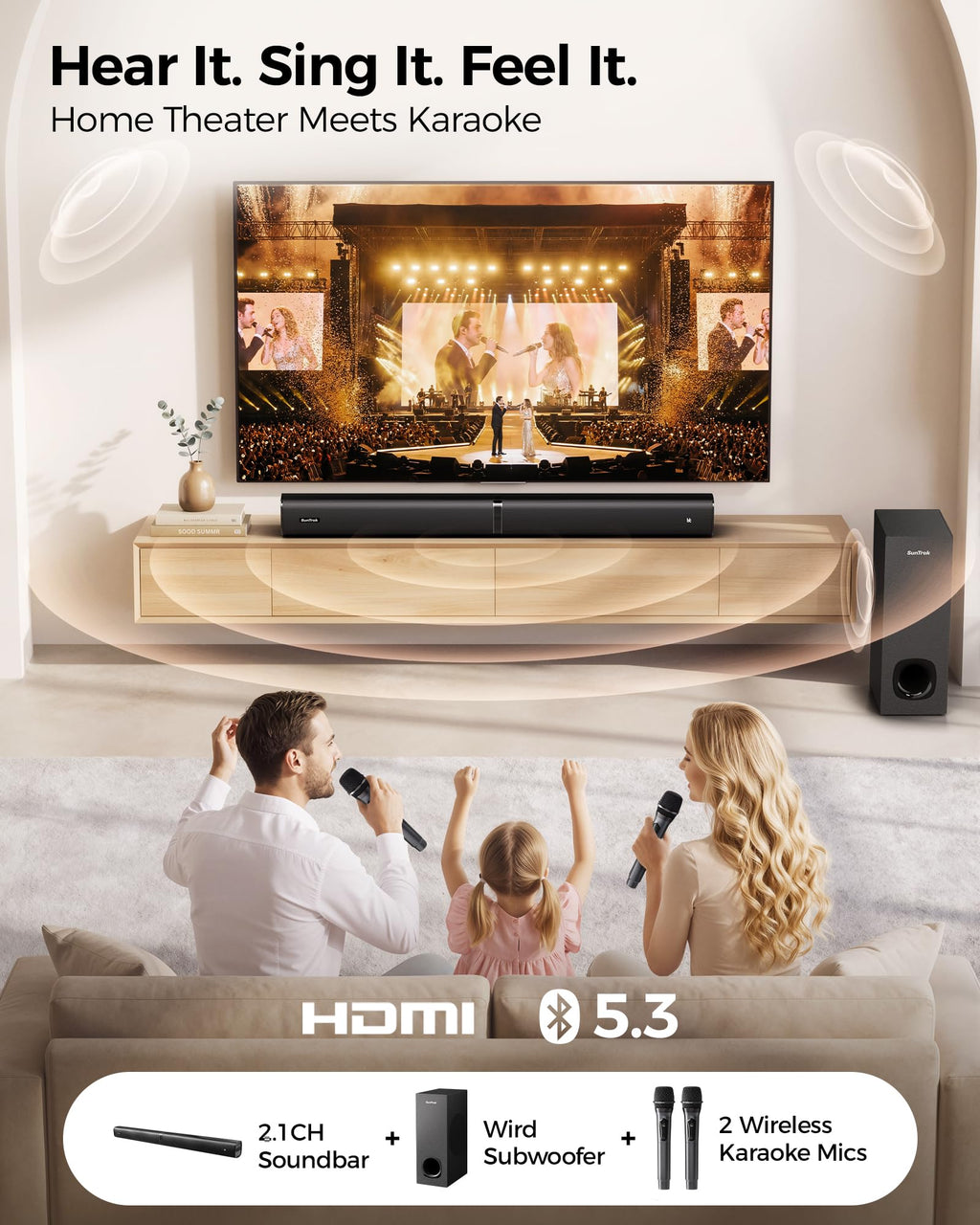 Karaoke Soundbar with Subwoofer for TV and 2 Wireless Microphones