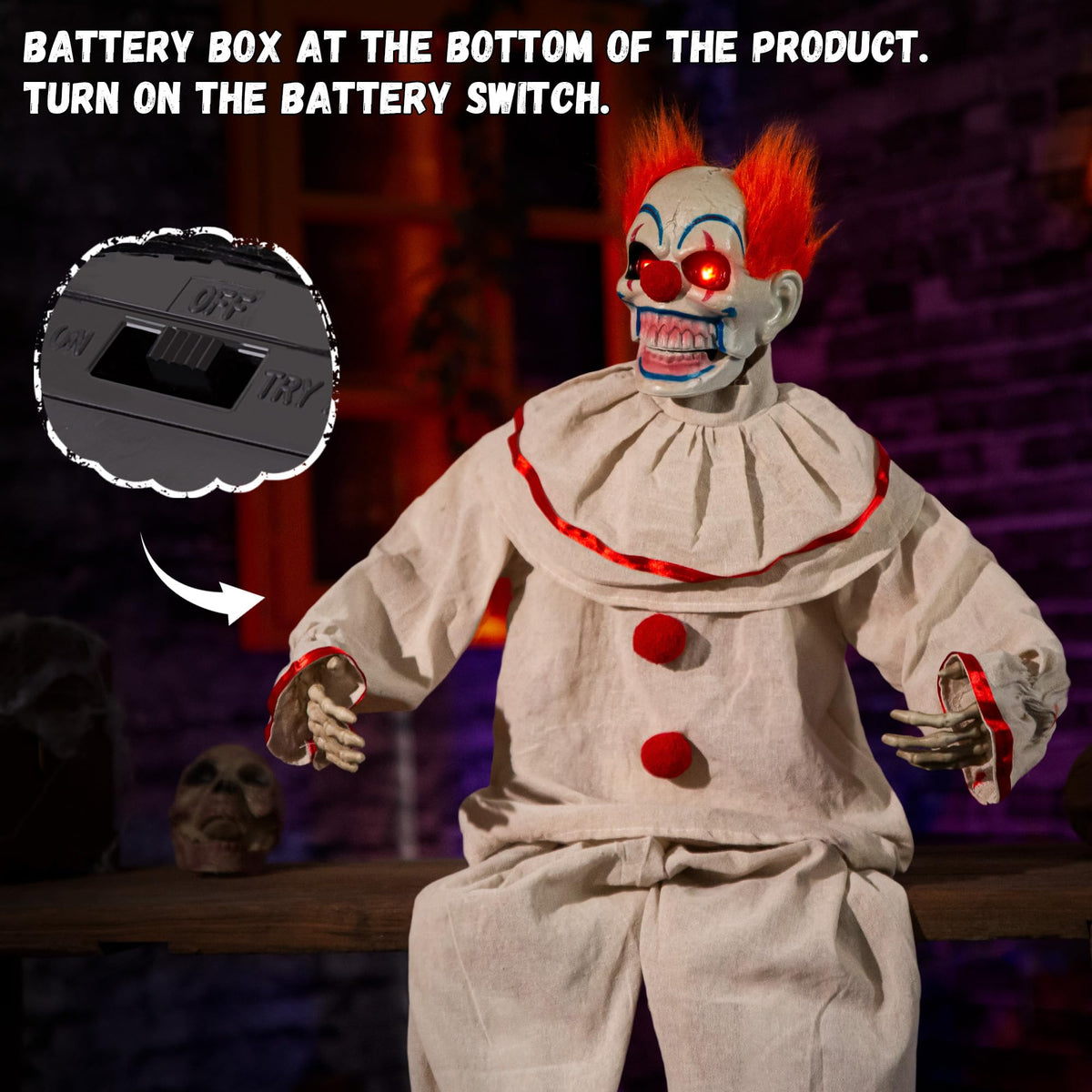 Halloween Animatronic Sitting Clown, Halloween Animated Decorations with Sound Activated, Creepy Sound, Light Up Eyes, Scary Move, Haunted House