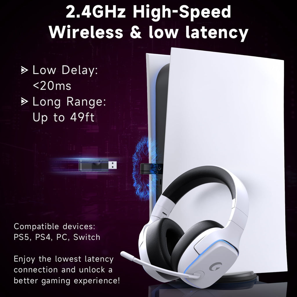 AYEDLOE Wireless Gaming Headset 2.4GHz for PS5/PS4/PC/Switch-Bluetooth 5.3 Headphones with Noise-Canceling Mic, 7.1 Surround Sound, 70H Battery Life