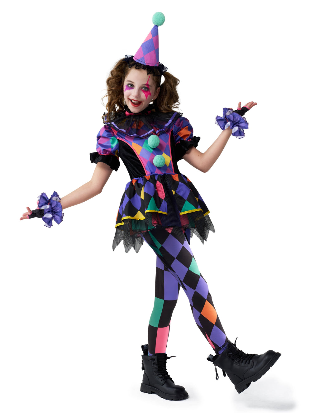 Joyfy Girls Clown Costume, Halloween Scary Clown Costume, Dark Colorful Twisted Clown Jester Dress for Girls Halloween Dress Up, Role Play, Cosplay Party