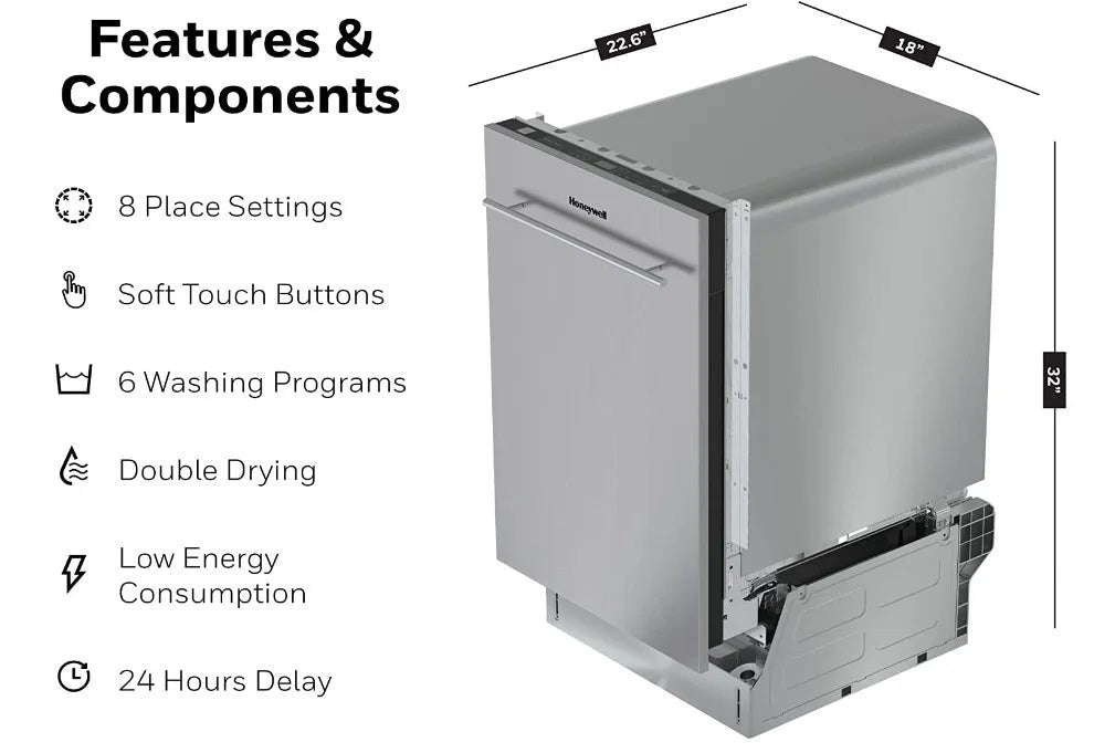 Honeywell Dishwasher, 18 inch, 8 Place Settings, 6 Washing Programs, Stainless Steel Tub