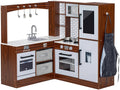 BRINJOY Corner Wooden Kids Play Kitchen With Faucet, Sink, Microwave, Oven, Apron, Blackboard, Sound And Light