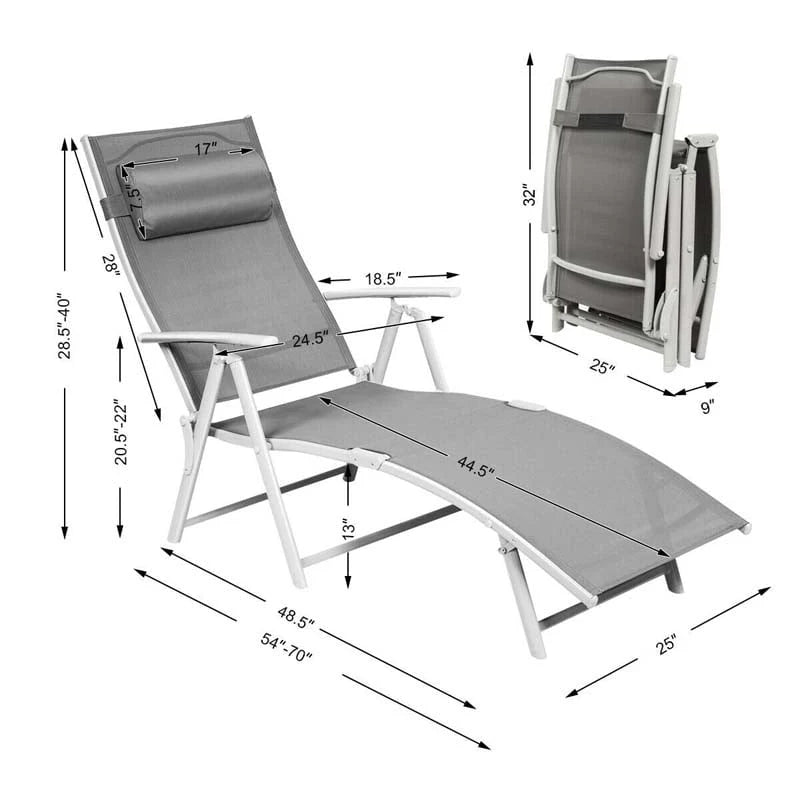 7 Position Folding Outdoor Chaise Lounge Chair With Cushion And Pillow