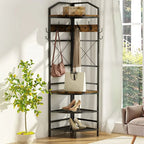Corner Coat Rack Hall Tree With Shoe Bench, 6 Metal Hooks, Rustic Brown And Black, 17.72in x 17.72in x 72.05in