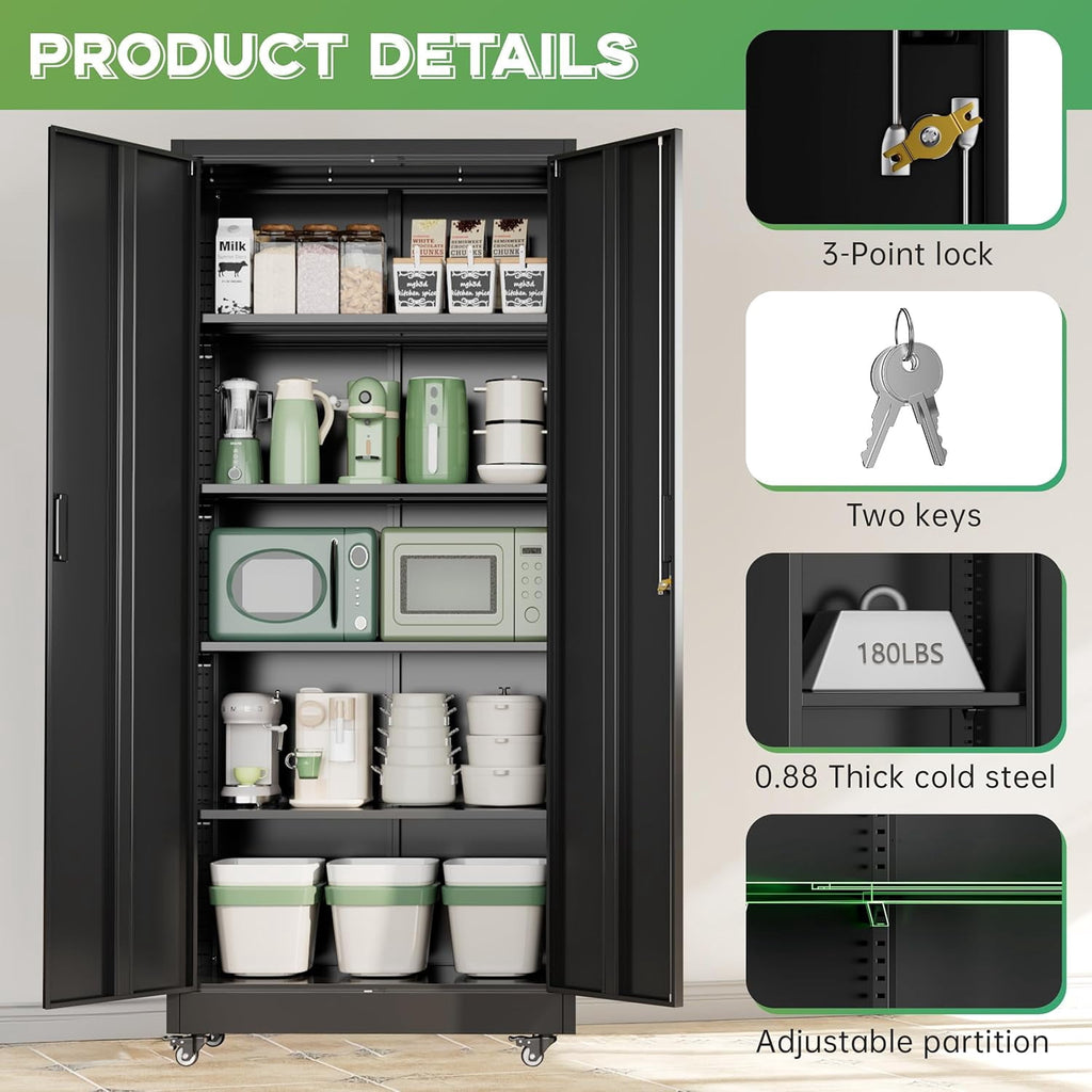 SOLAURA 73 in Metal Storage Cabinet with Wheels, Garage Rolling Cabinet with Locking Doors and 4 Adjustable Shelves, Lockable Tool Storage Cabinets