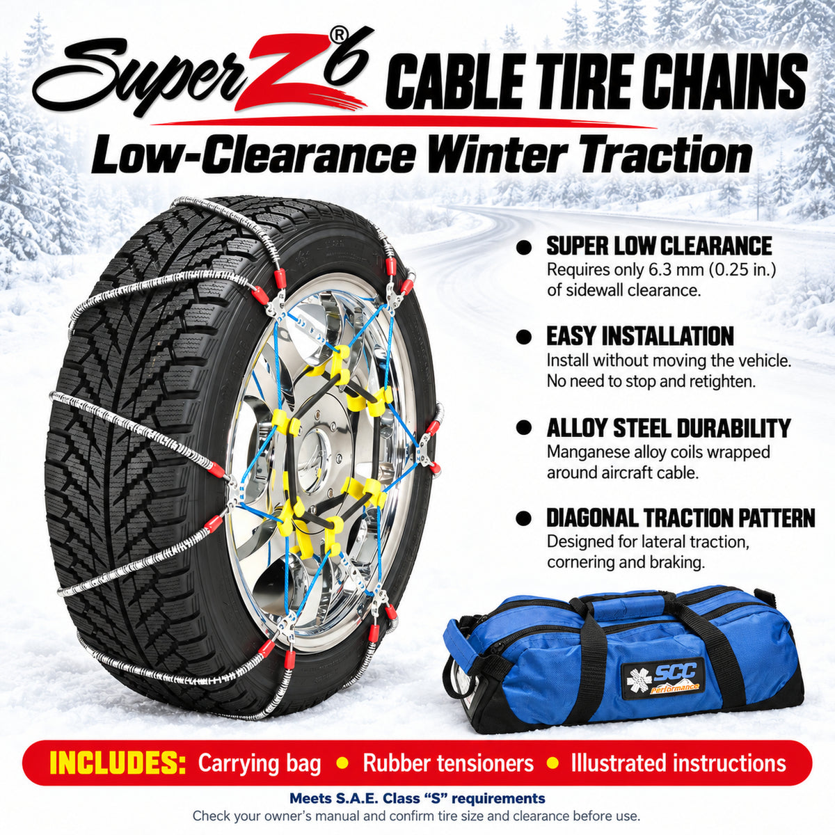 Peerless Chain SZ143 Super Z6 Snow Cable Tire Chain for Cars, Trucks, and SUVs, 1 Pair of Chains and Tighteners