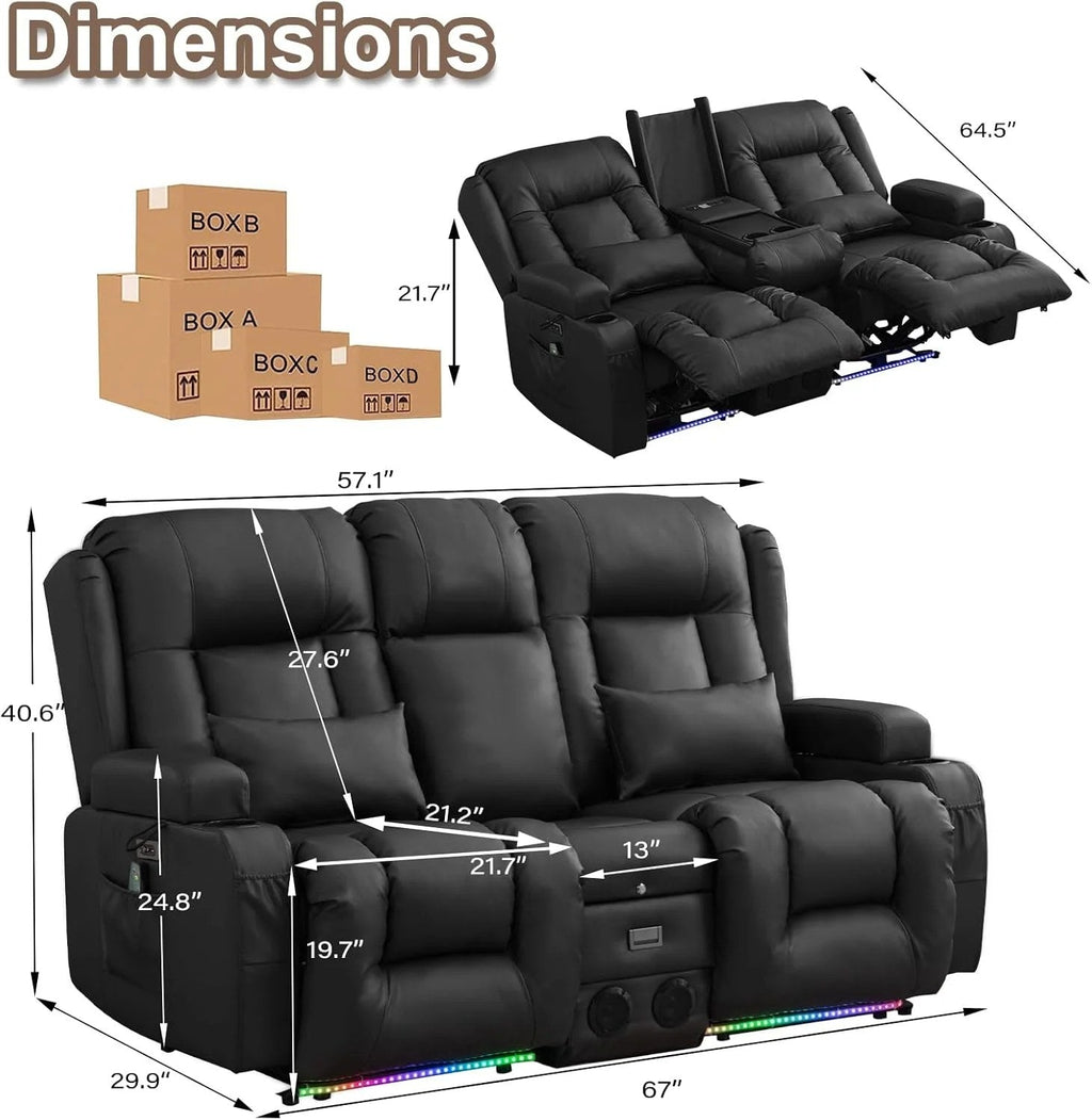TUNYI Power Loveseat Recliner Sofa With Massage, Heat, Console, USB, Outlet, LED Light, Speakers And Storage - Brown