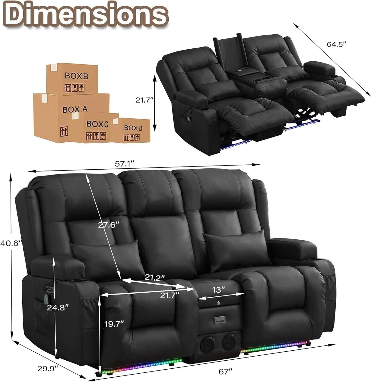 TUNYI Power Loveseat Recliner Sofa With Massage, Heat, Console, USB, Outlet, LED Light, Speakers And Storage - Brown