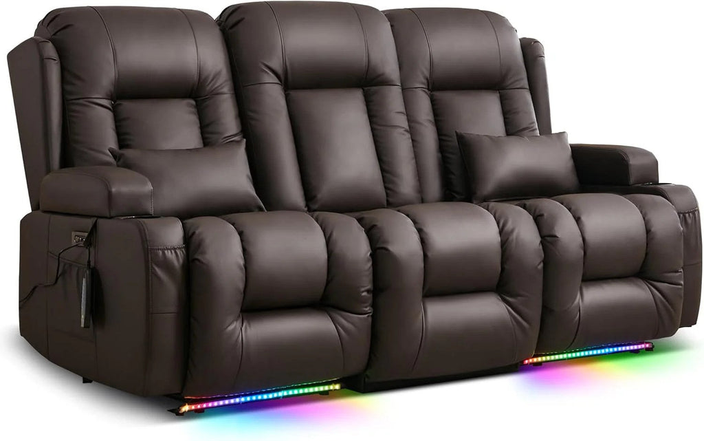TUNYI Power Loveseat Recliner Sofa With Massage, Heat, Console, USB, Outlet, LED Light, Speakers And Storage - Brown