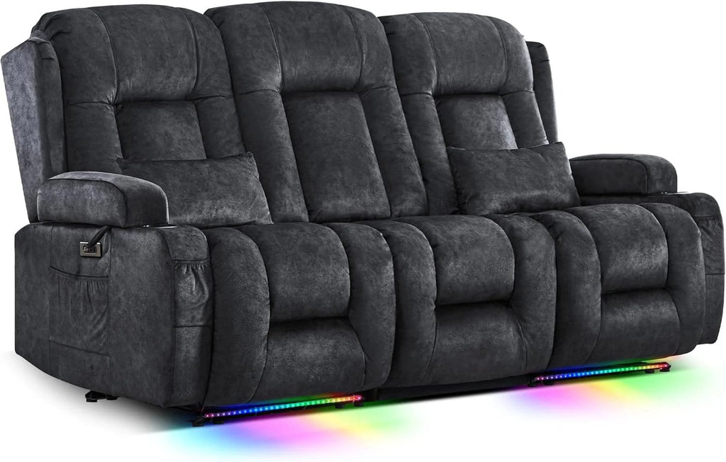 TUNYI Power Loveseat Recliner Sofa With Massage, Heat, Console, USB, Outlet, LED Light, Speakers And Storage - Brown