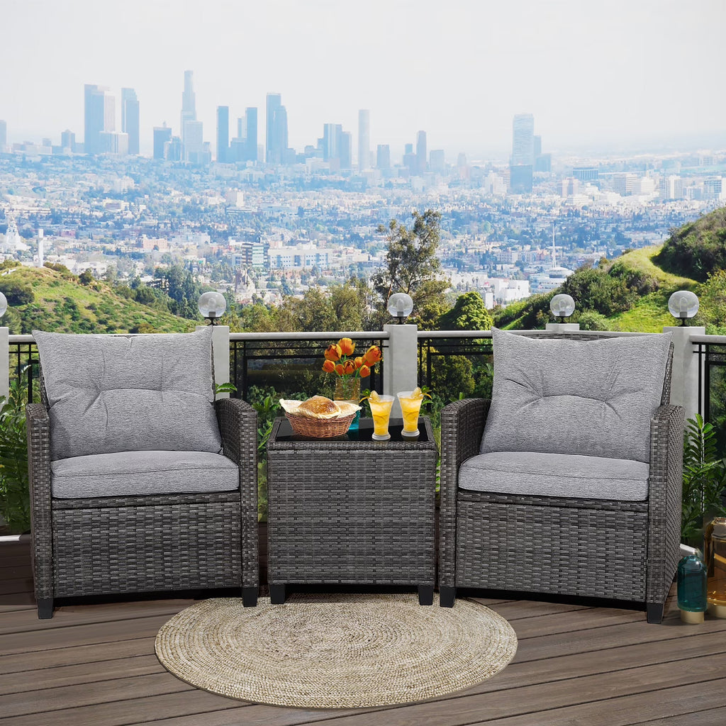 Gymax 3-Piece Patio Rattan Conversation Set With Glass Tabletop And Grey Cushions