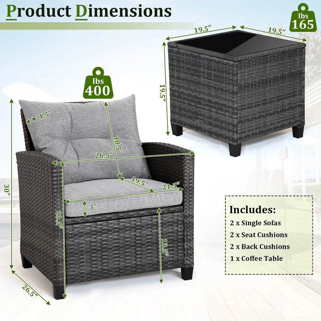Gymax 3-Piece Patio Rattan Conversation Set With Glass Tabletop And Grey Cushions