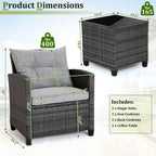 Gymax 3-Piece Patio Rattan Conversation Set With Glass Tabletop And Grey Cushions