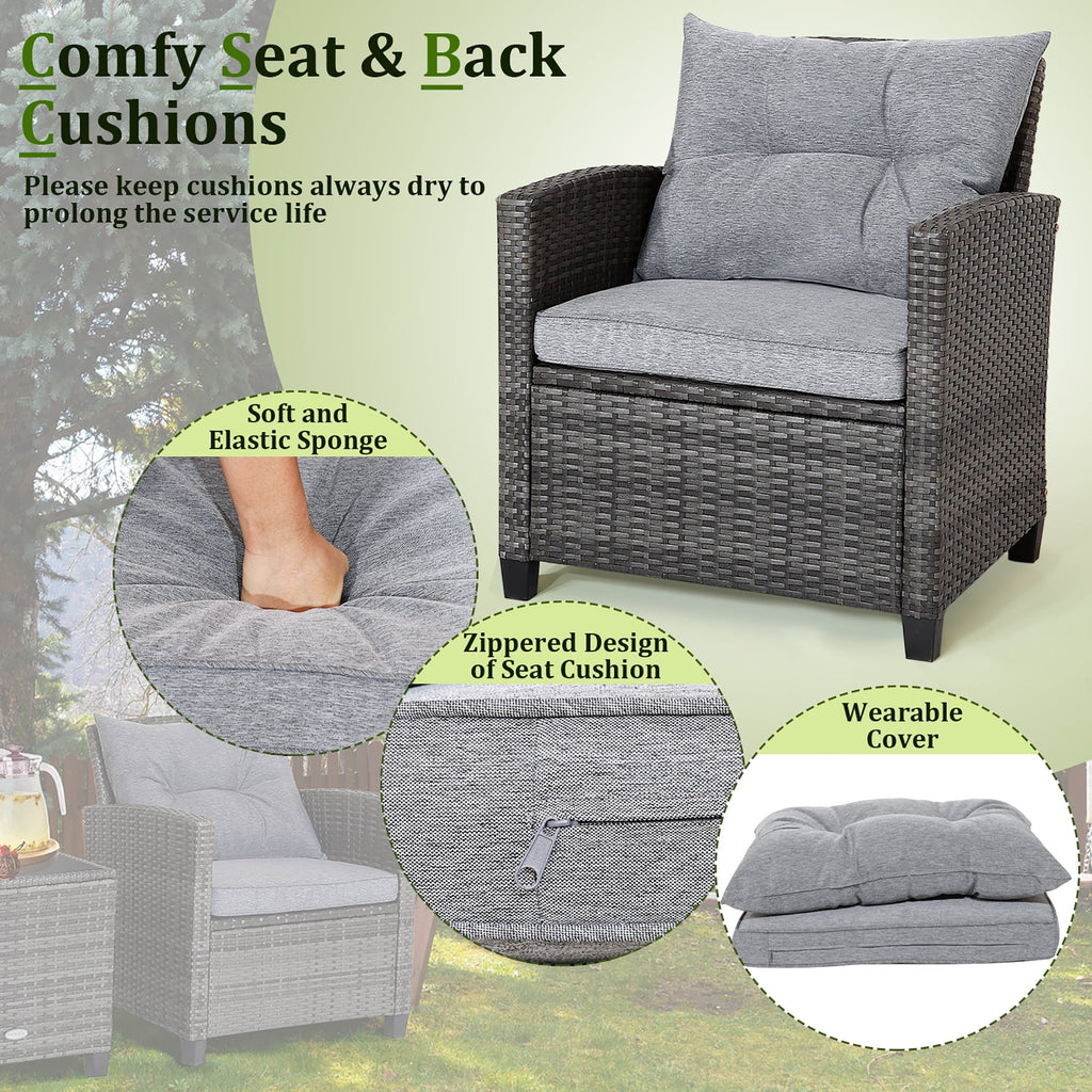Gymax 3-Piece Patio Rattan Conversation Set With Glass Tabletop And Grey Cushions