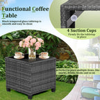 Gymax 3-Piece Patio Rattan Conversation Set With Glass Tabletop And Grey Cushions