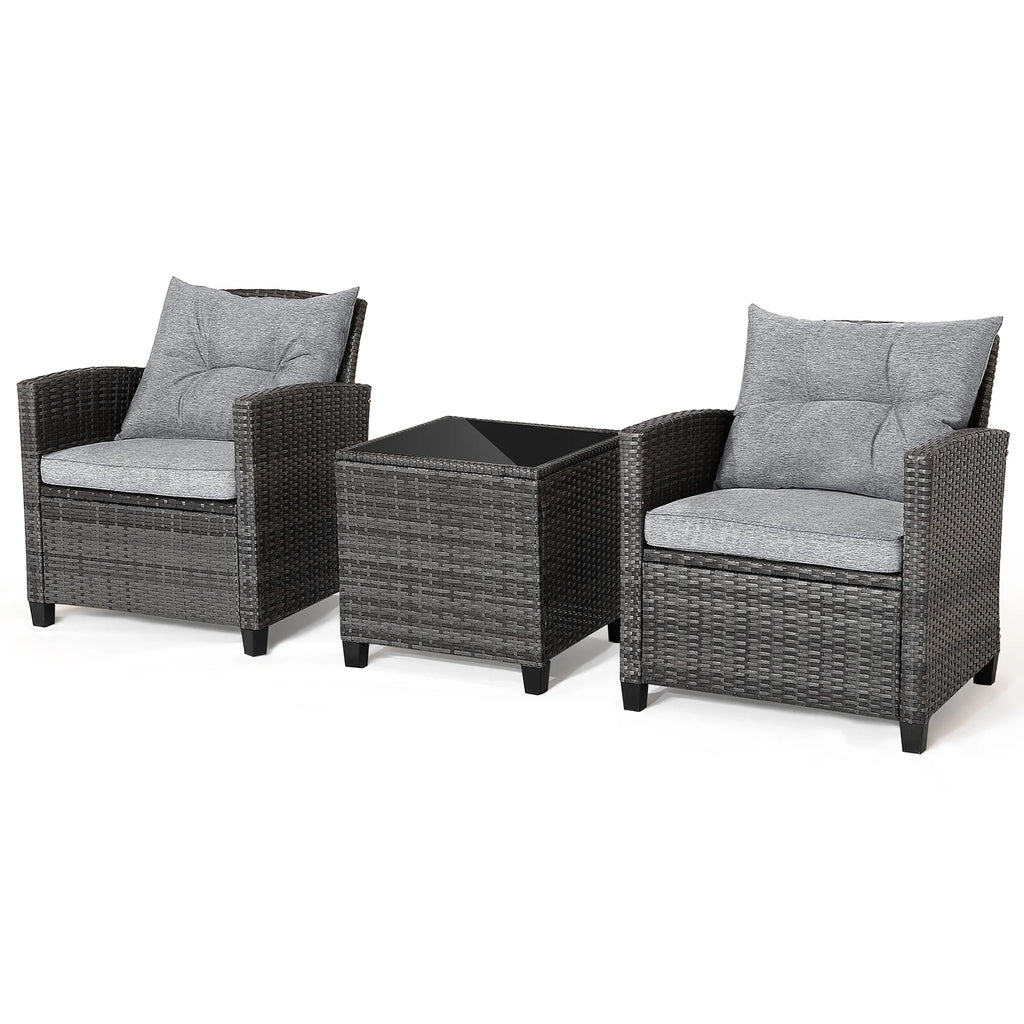 Gymax 3-Piece Patio Rattan Conversation Set With Glass Tabletop And Grey Cushions