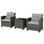 Gymax 3-Piece Patio Rattan Conversation Set With Glass Tabletop And Grey Cushions