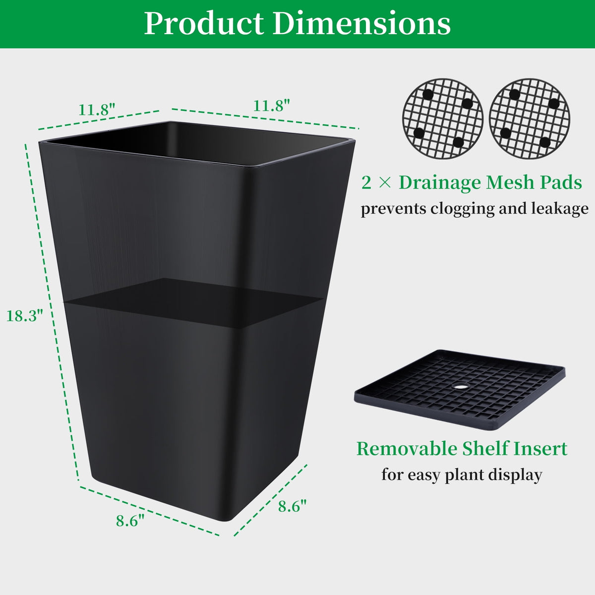 FOUKUS Tall Planters for Outdoor Plants Set of 2 - 18.3 Inch Black Plastic Planter Pots with Drainage Mesh Pads & Removable Shelf - Front Porch