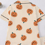 CUZIBR Girls Halloween Pajamas Sets Soft Comfortable Ghost Pumpkin Lapel Button Short Sleeve Shirt Elastic Waist Shorts 2 Pieces Sleep Loungewear Relaxed Sleepwear Outfits, Orange-C