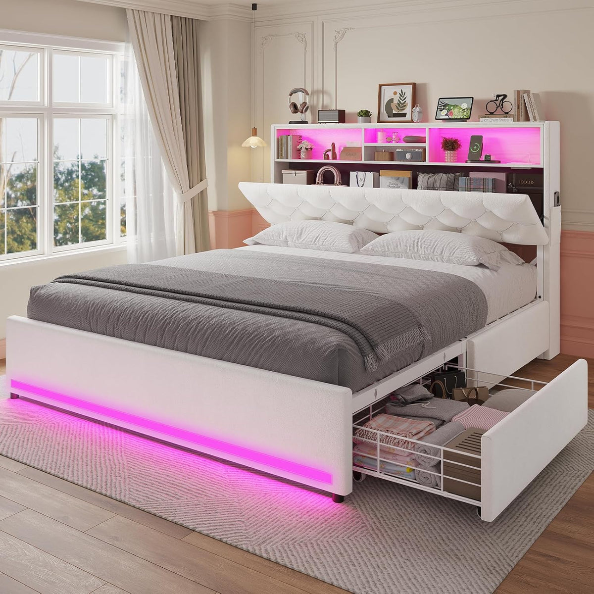 Queen Velvet Platform Bed Frame With Bookcase Headboard, LED, 4 Storage Drawers, Creamy White
