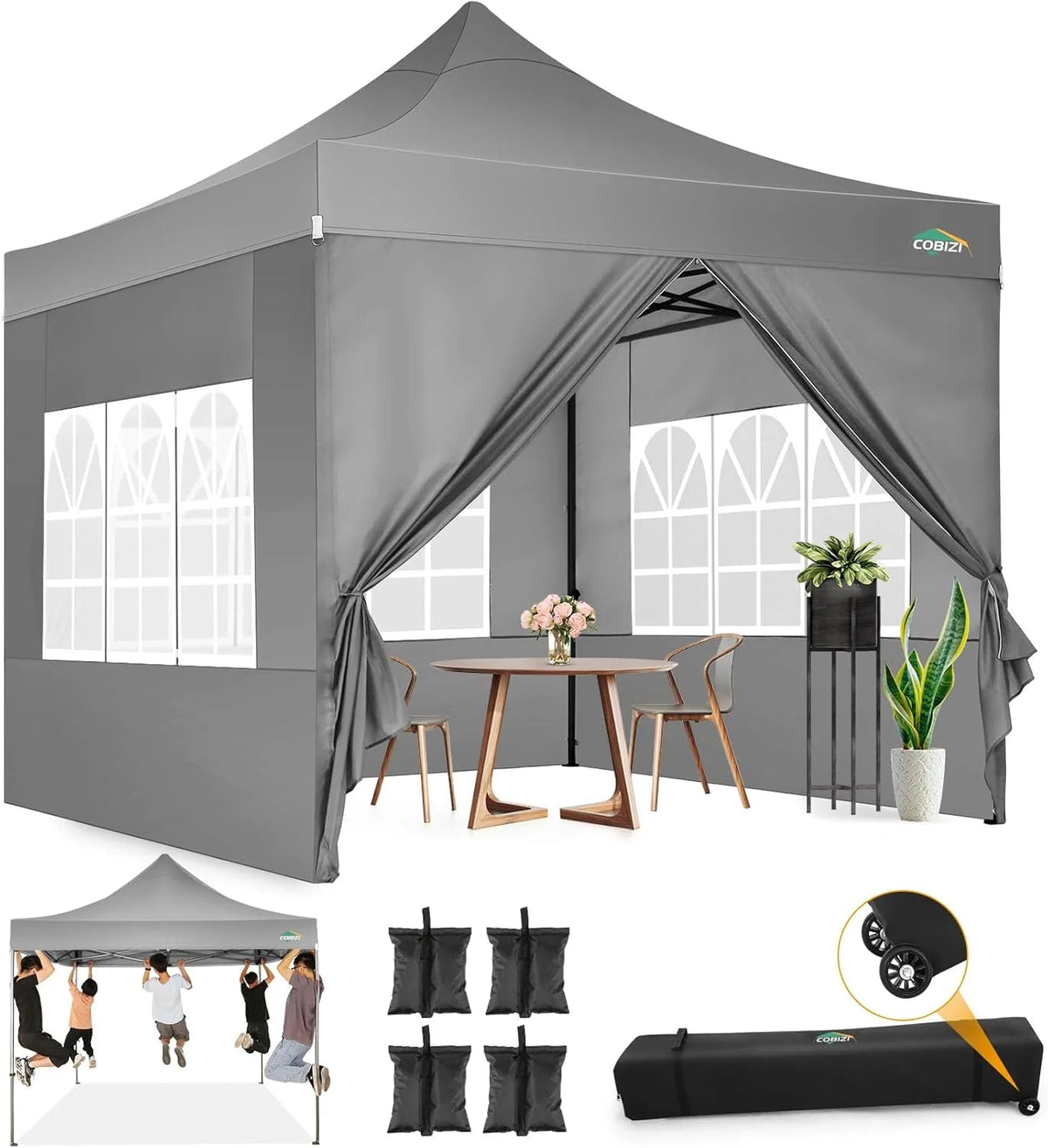COBIZI 10x20 Heavy Duty Pop-Up Canopy Tent With 6 Sidewalls - Black