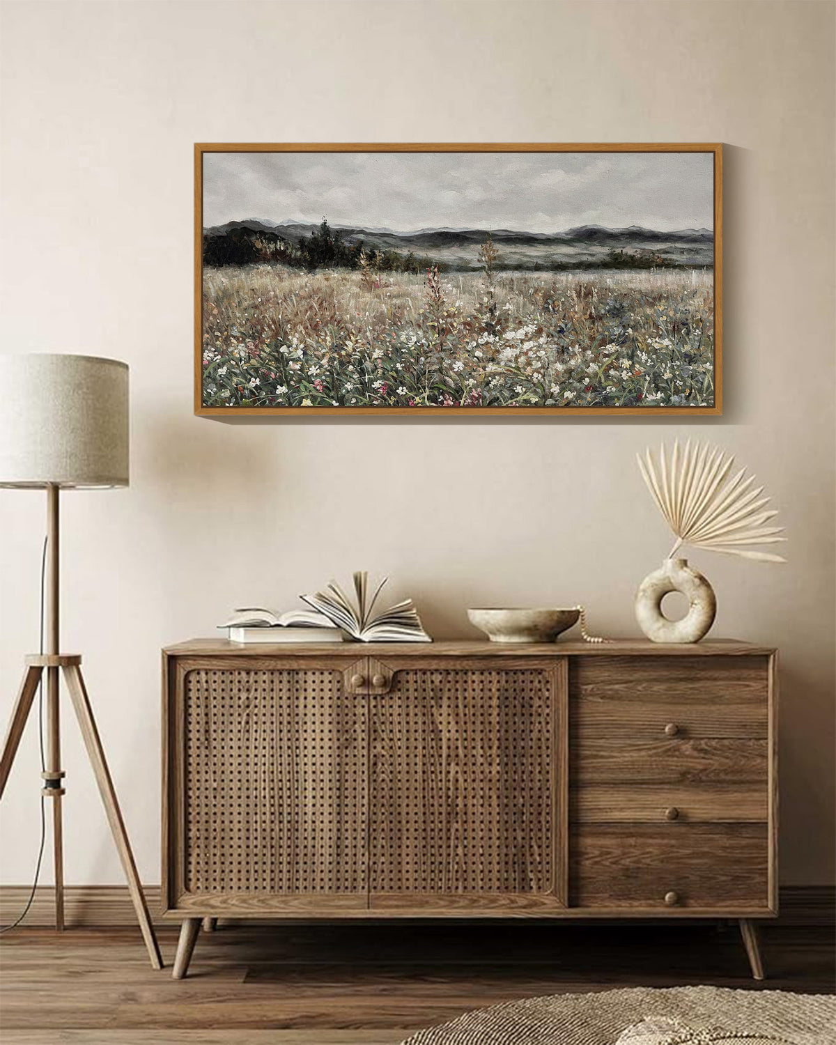 Drsoum 20x40in Natural Framed Vintage Landscape Large Canvas Wall Art Prairie in Full Bloom Classic Wall Prints Modern Farmhouse Dining Rooms Bedroom