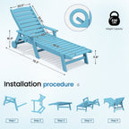 SERWALL Patio Chaise Lounge Chair, 78'' HDPE Outdoor Lounge Chair 5 Positions Pool Lounger Light Blue
