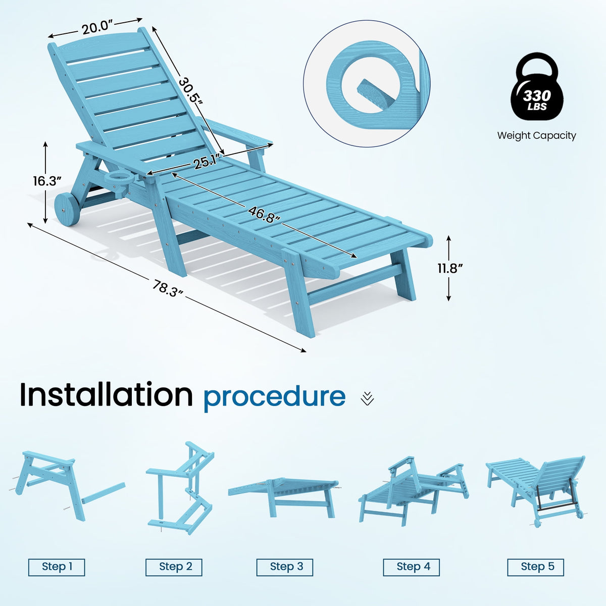 SERWALL Patio Chaise Lounge Chair, 78'' HDPE Outdoor Lounge Chair 5 Positions Pool Lounger Light Blue