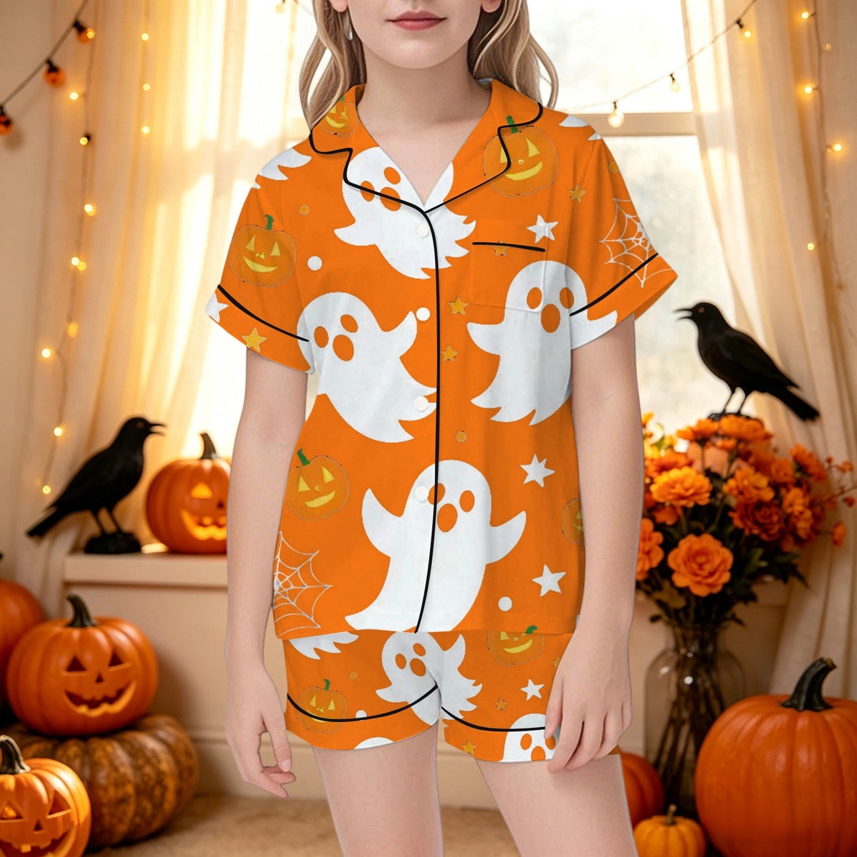 CUZIBR Girls Halloween Pajamas Sets Soft Comfortable Ghost Pumpkin Lapel Button Short Sleeve Shirt Elastic Waist Shorts 2 Pieces Sleep Loungewear Relaxed Sleepwear Outfits, Orange-C