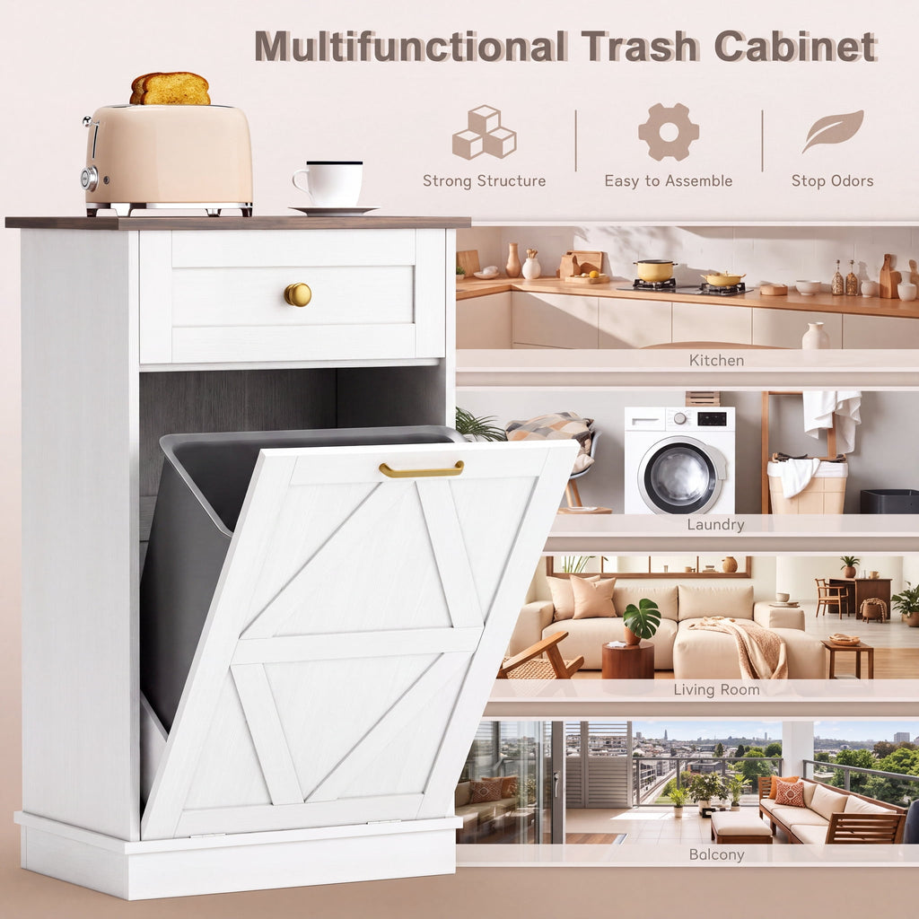 Lacoo 10 Gallon Tilt Out Trash Cabinet with Drawer, Kitchen Trash Can Cabinet, Garbage Recycling Cabinet for Kitchen, White