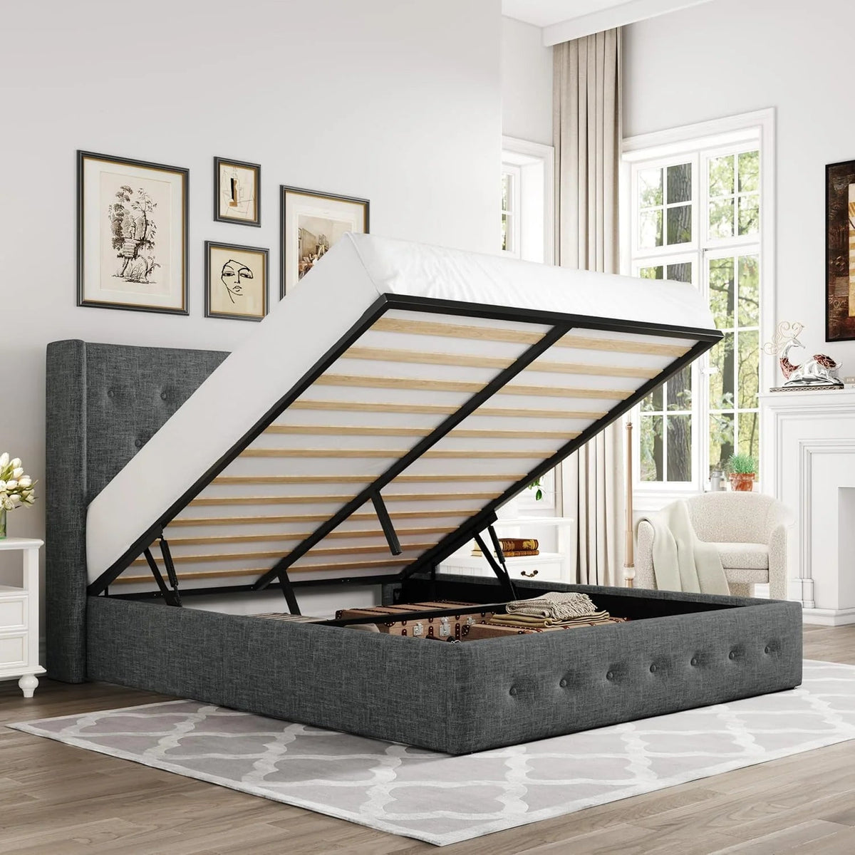 Allewie Queen Lift Up Storage Bed Frame With Wingback Headboard, Light Beige - 80.7 x 60.6 x 44.5 in
